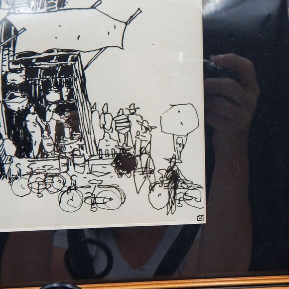 Japanese Traditional Scenery Painting Pen Ink Print Signed Asian Village Matted - Picture 4 of 6